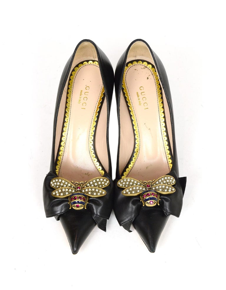 Gucci Queen Margaret Black Leather Pumps with Embellished Bee sz 36.5 ...