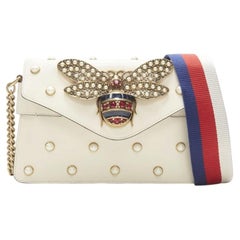 GUCCI Queen Margaret Embellished Bee pearl stud white flap crossbody bag