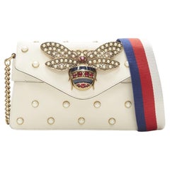 GUCCI Queen Margaret Embellished Bee pearl stud white flap crossbody bag