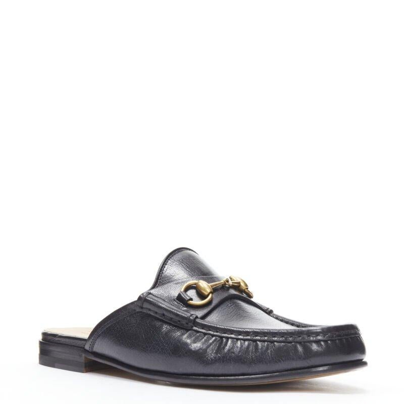 Black GUCCI Quentin Nero black leather gold Horsebit slip on loafer UK9 US10 EU43 For Sale