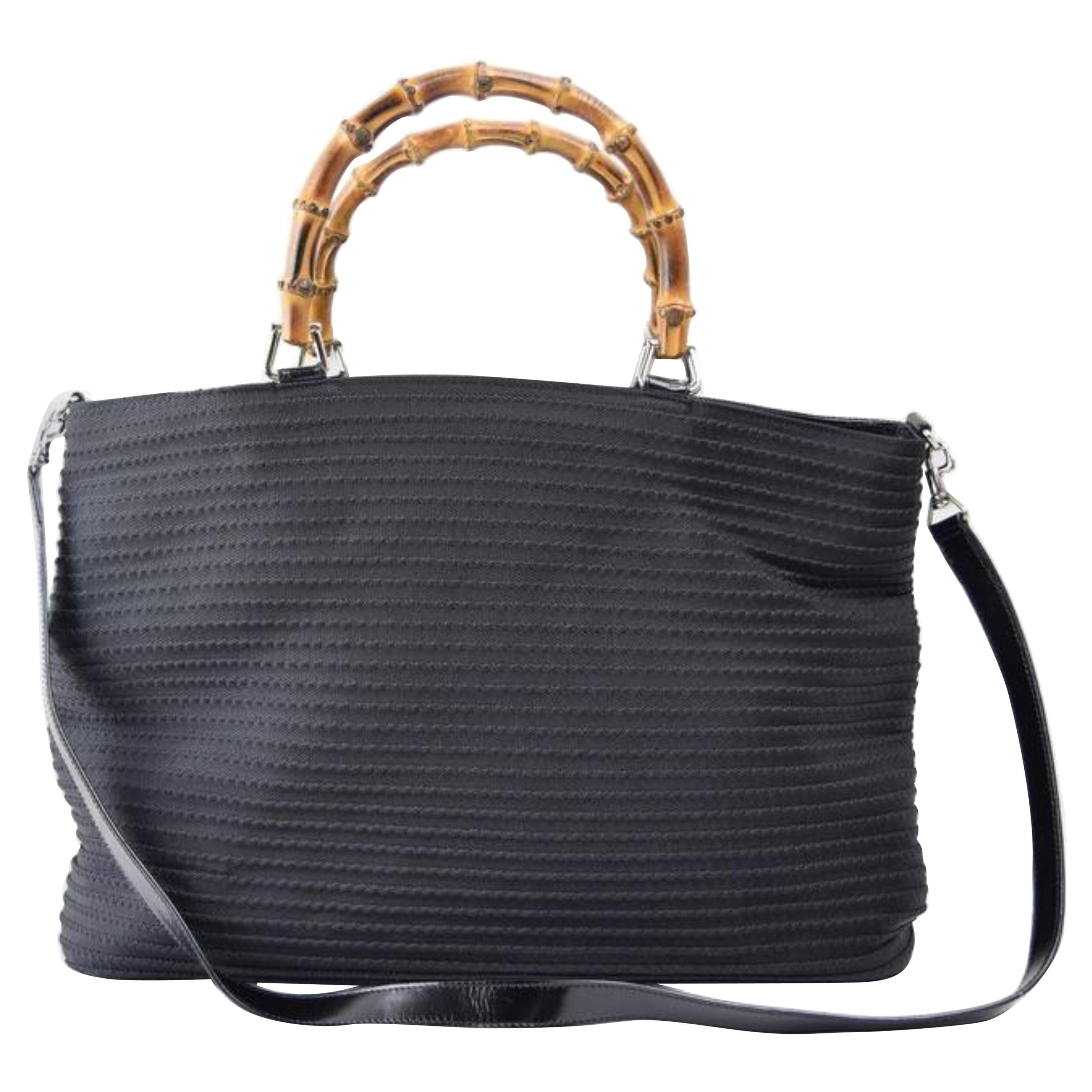 Gucci Quilted Bamboo 2way Tote with Strap 869588 Black Canvas Shoulder Bag For Sale