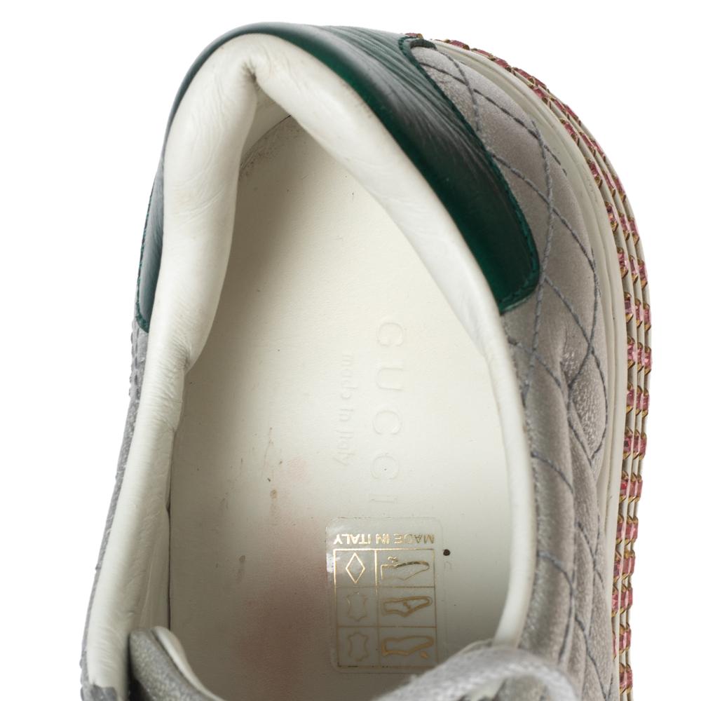 Gray Gucci Quilted Leather Bee  Crystal Embellished Platform Sneakers Size 36.5