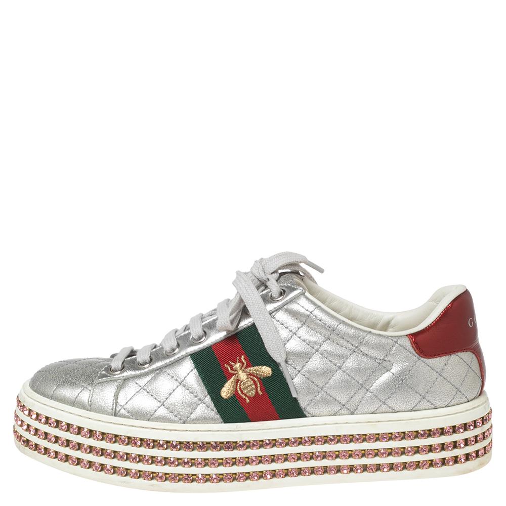 Women's Gucci Quilted Leather Bee  Crystal Embellished Platform Sneakers Size 36.5