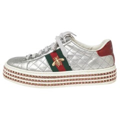 Gucci Quilted Leather Bee  Crystal Embellished Platform Sneakers Size 36.5
