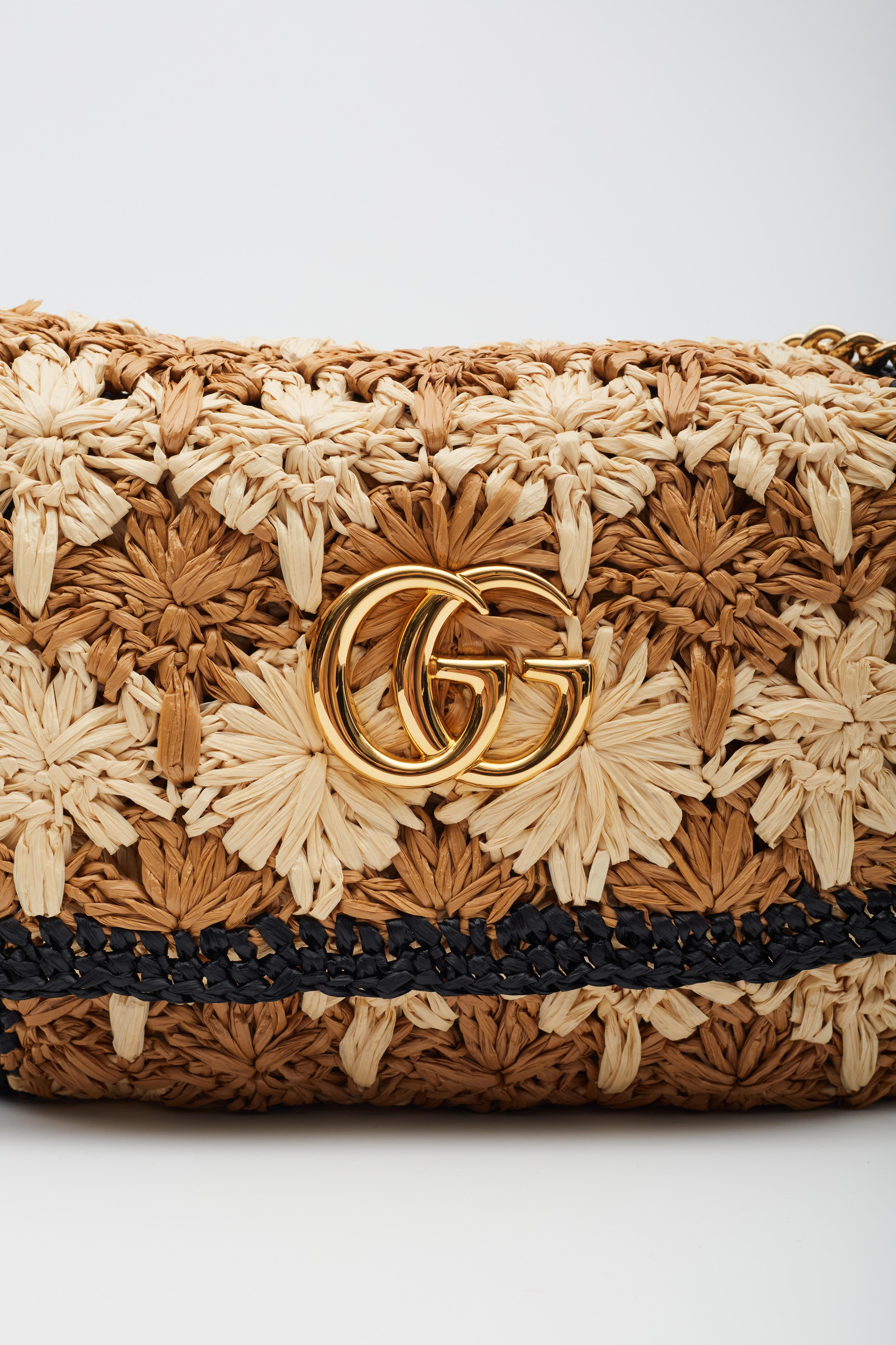 Gucci Raffia Crochet Flower GG Marmont Shoulder Bag Ecru Black S 7