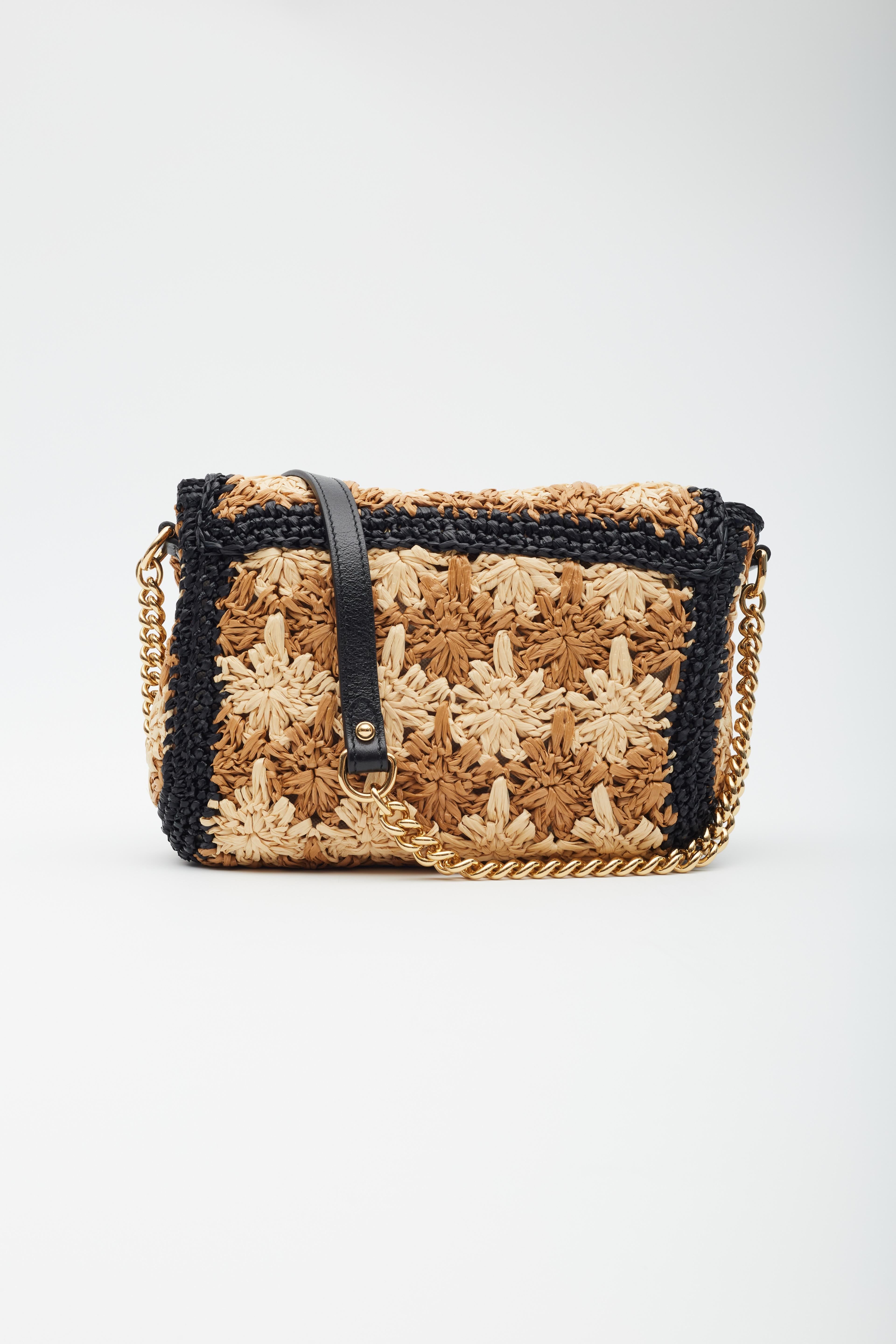 Women's Gucci Raffia Crochet Flower GG Marmont Shoulder Bag Ecru Black S