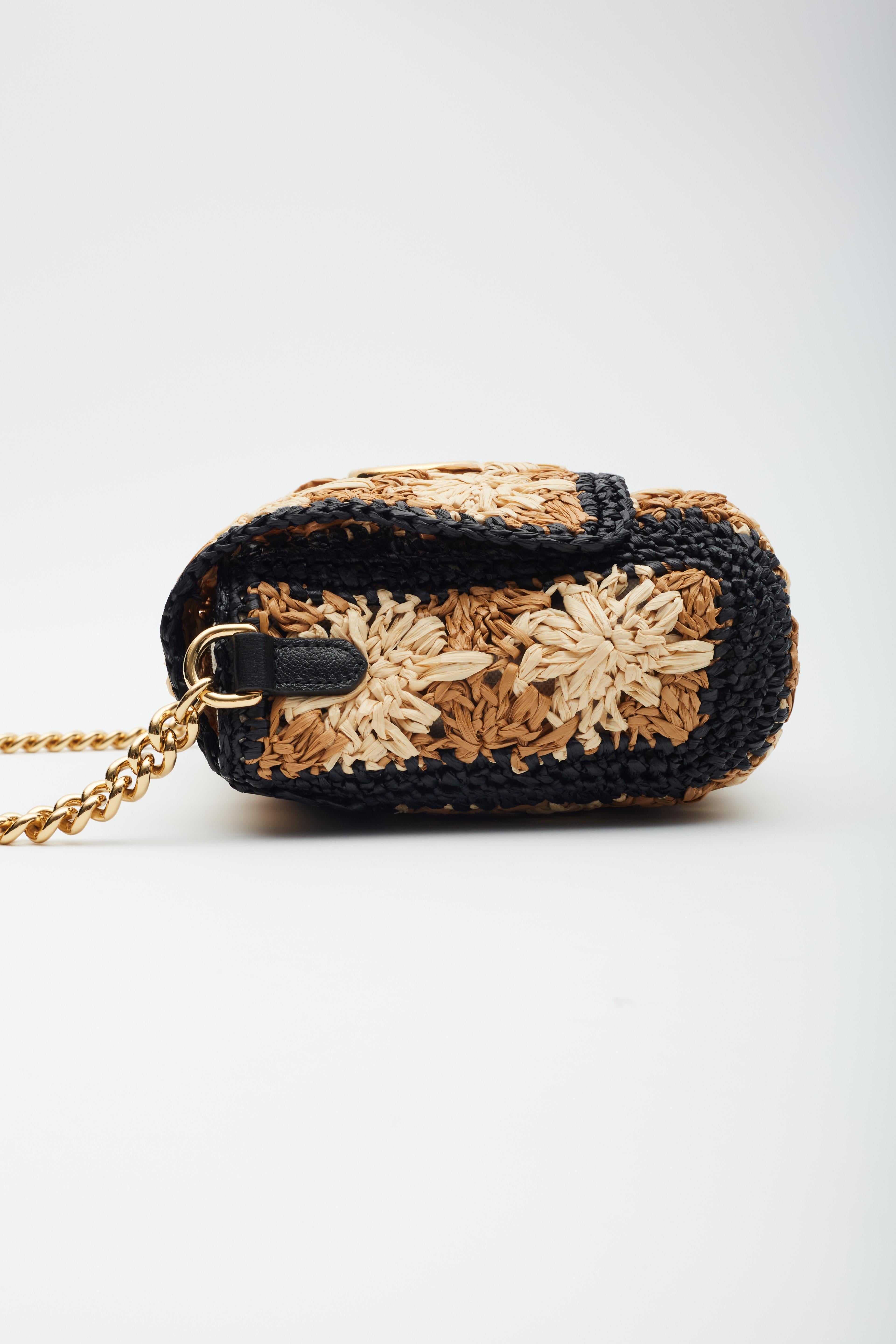 Gucci Raffia Crochet Flower GG Marmont Shoulder Bag Ecru Black S 2