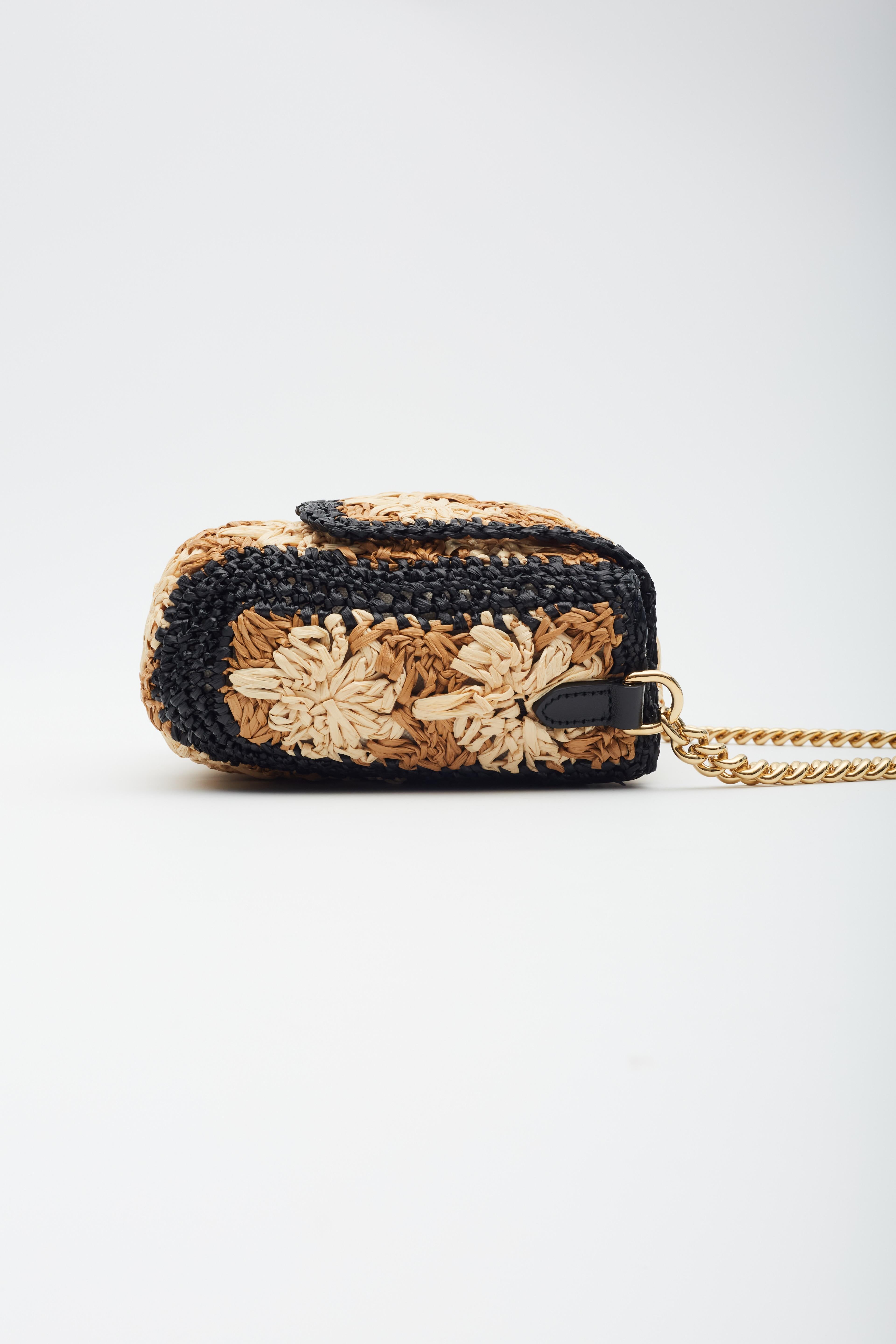 Gucci Raffia Crochet Flower GG Marmont Shoulder Bag Ecru Black S 3
