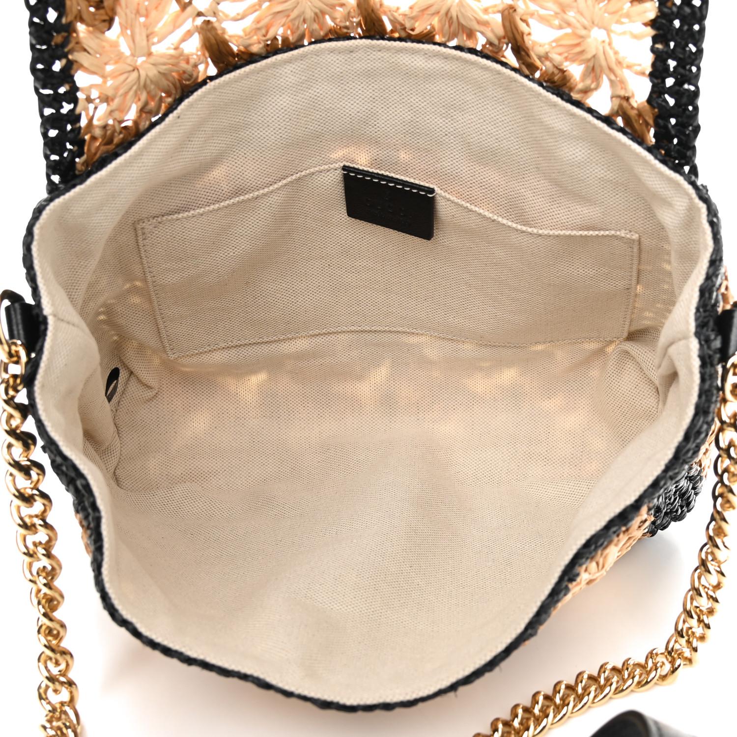 Gucci Raffia Crochet Flower GG Marmont Shoulder Bag Ecru Black S 5