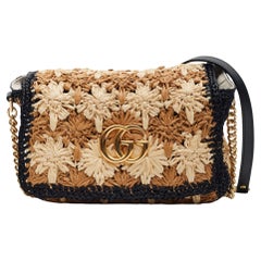 Gucci Raffia Crochet Flower GG Marmont Shoulder Bag Ecru Black S