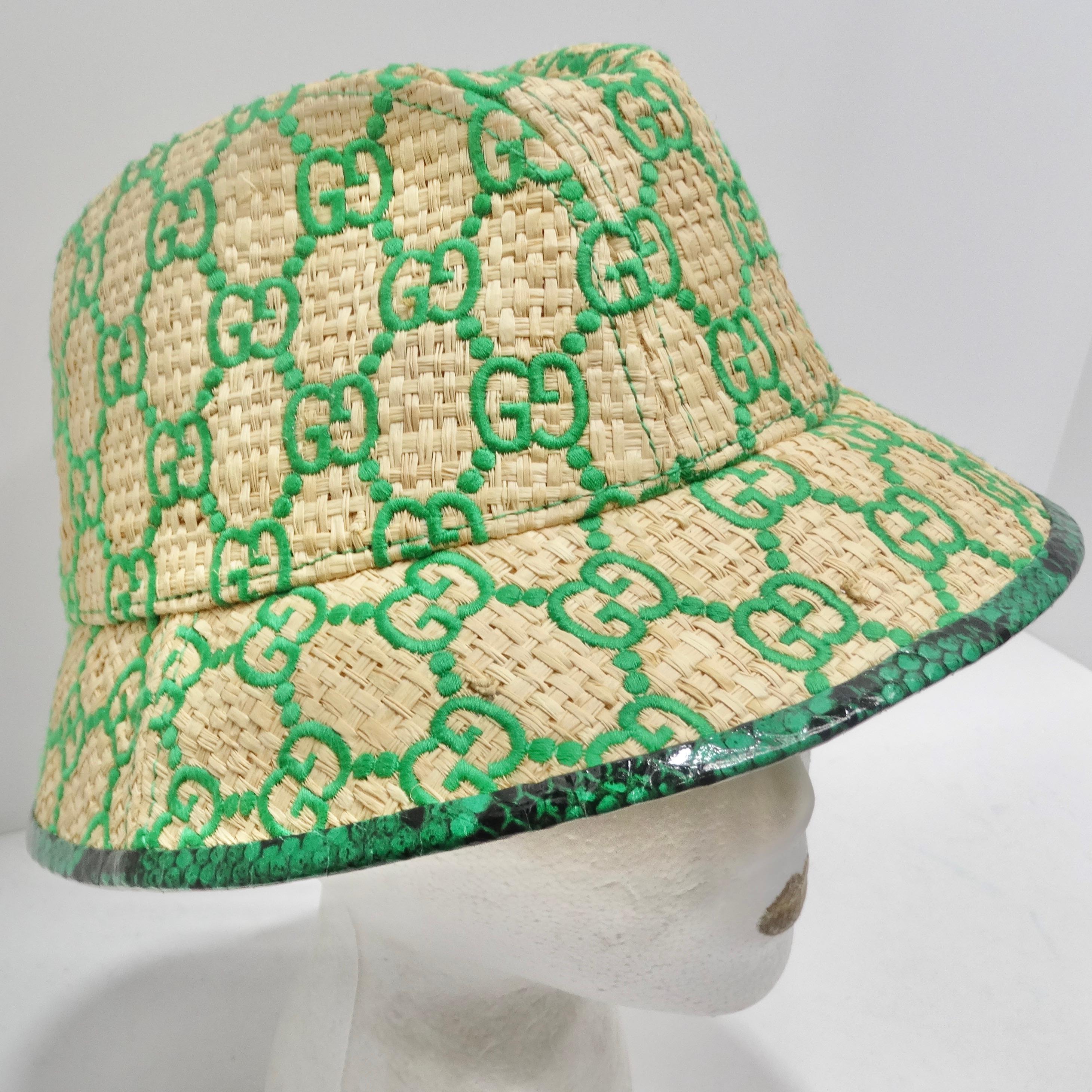 Gucci Raffia Elaphe GG Monogram Embroidered Wide Brim Hat In New Condition For Sale In Scottsdale, AZ