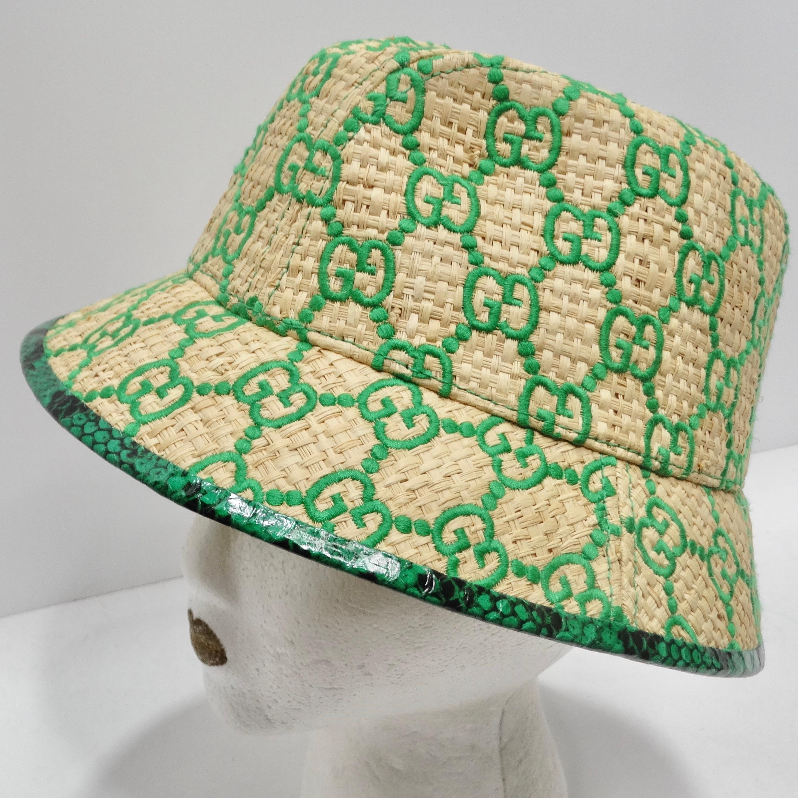 Gucci Raffia Elaphe GG Monogramm bestickter Hut mit breiter Krempe und breiter Krempe im Angebot 1