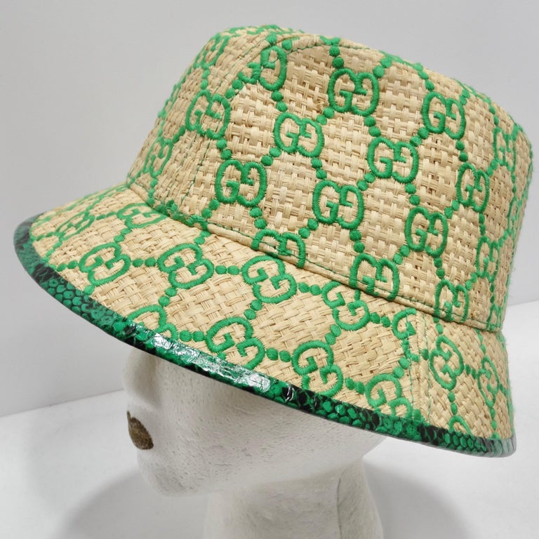 Gucci Raffia Elaphe GG Monogram Embroidered Wide Brim Hat 