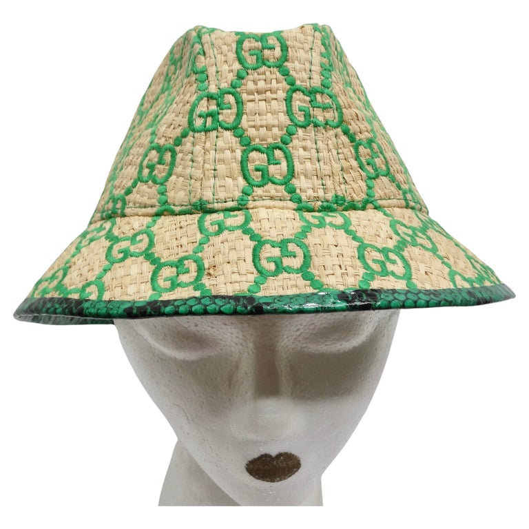 Gucci Raffia Elaphe GG Monogram Embroidered Wide Brim Hat 