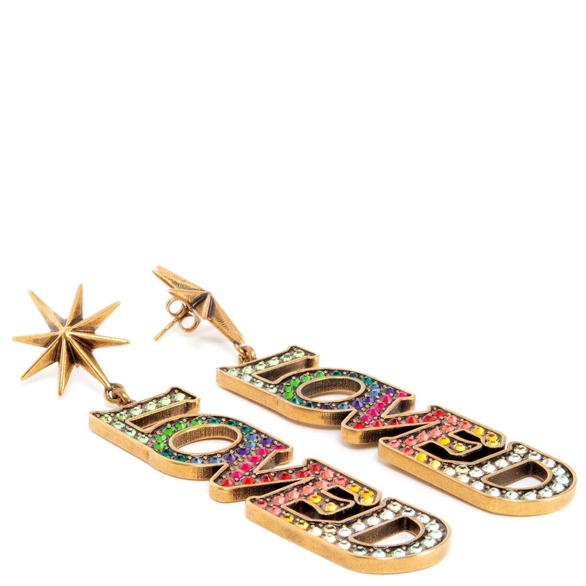 Gucci Loved drop earrings embellished with multicolour crystals and antique gold-tone hardware. Have been worn and are in excellent condition. 

Width 2cm (0.8in)
Length 8.5cm (3.3in)
Hardware Antique Gold-Tone