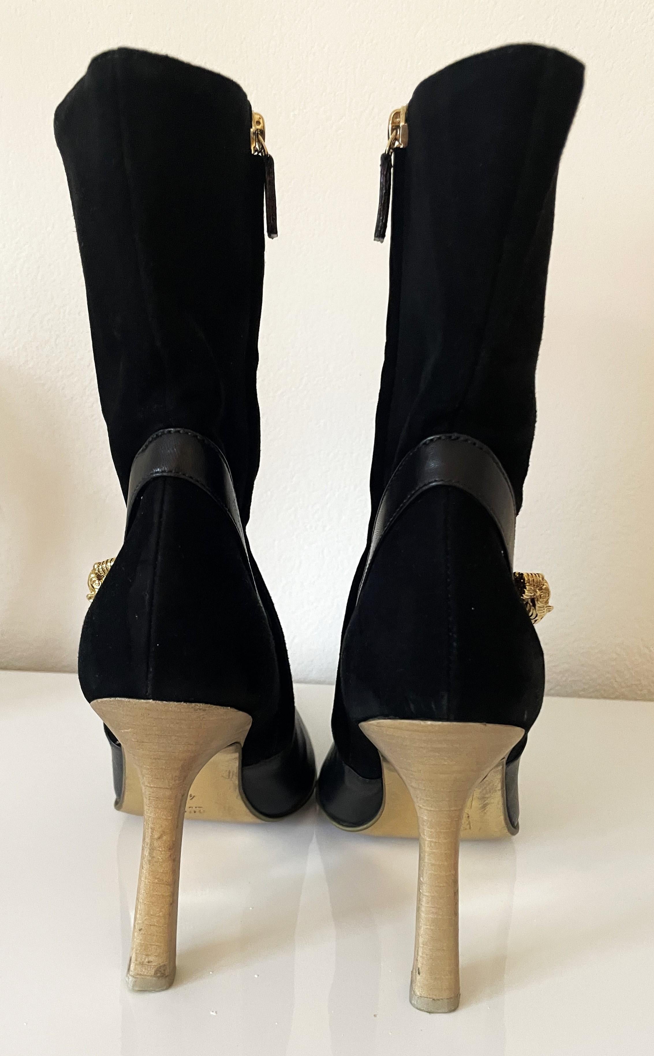 Women's Gucci Rare Black Suede Leather High Heel Ankle Boots Gold Metal Panther For Sale