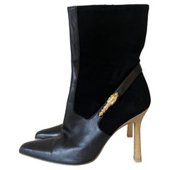 Gucci Rare Black Suede Leather High Heel Ankle Boots Gold Metal Panther