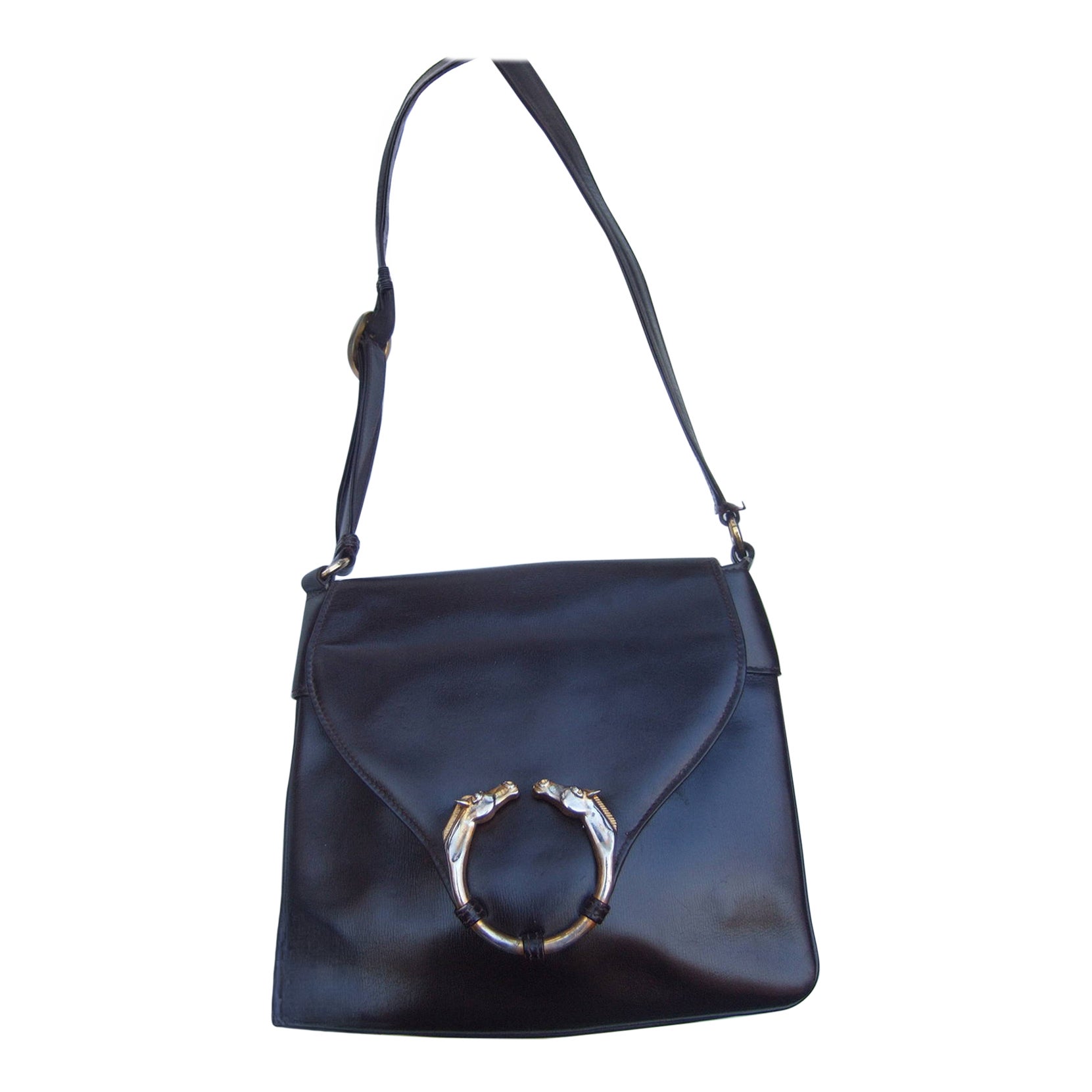 Gucci Schultertasche aus seltenem braunem Leder mit Pferdemotiv, um 1970