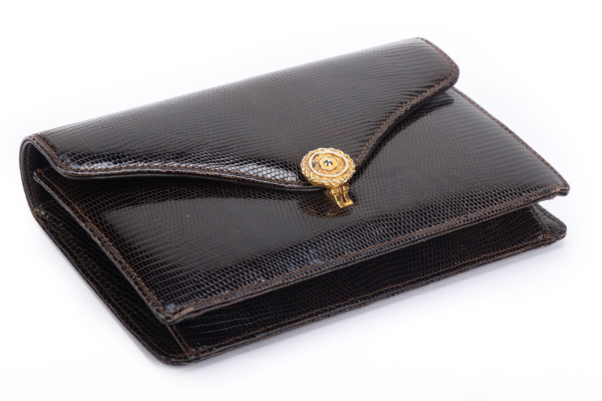 Gucci Rare Brown Lizard Clutch & Wallet In Excellent Condition For Sale In West Hollywood, CA