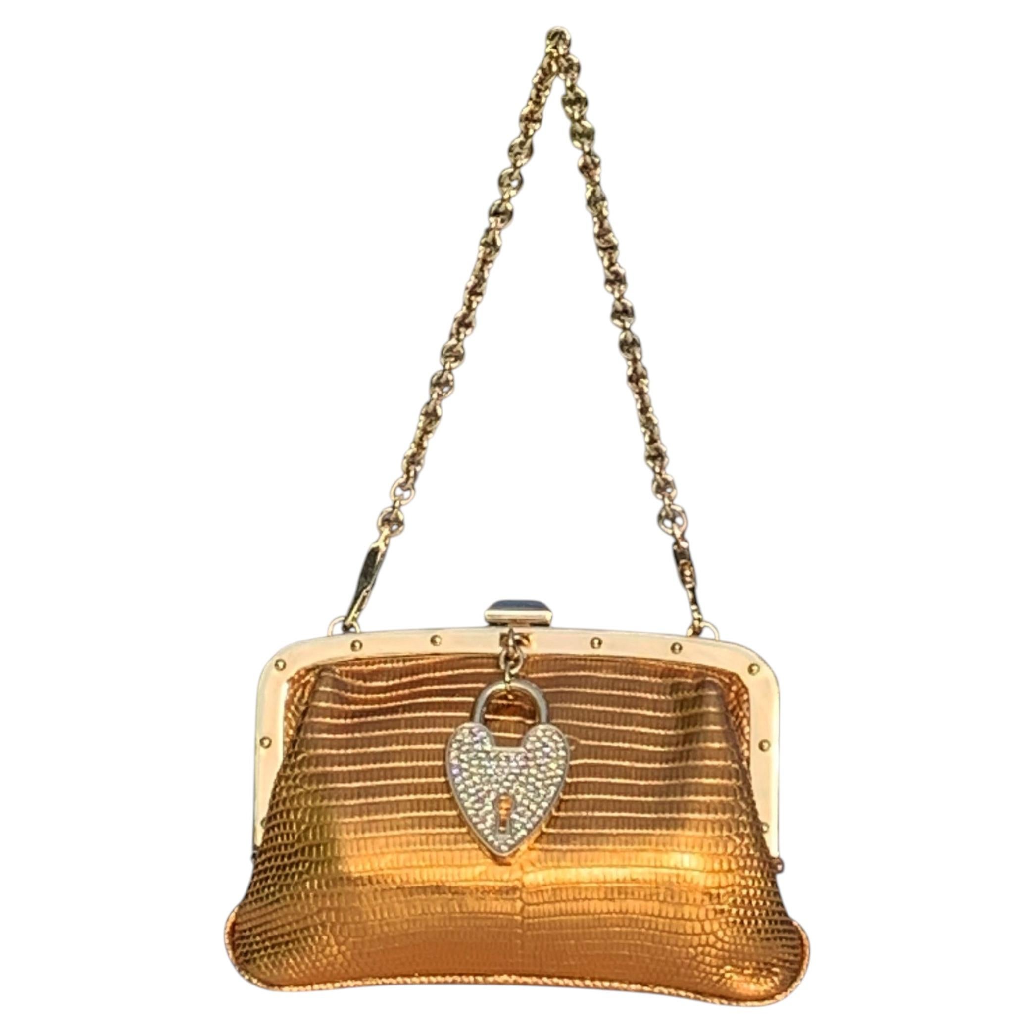 Gucci Rare Metallic Lizard Swarovski Crystal Heart Lock Evening Bag Minaudière