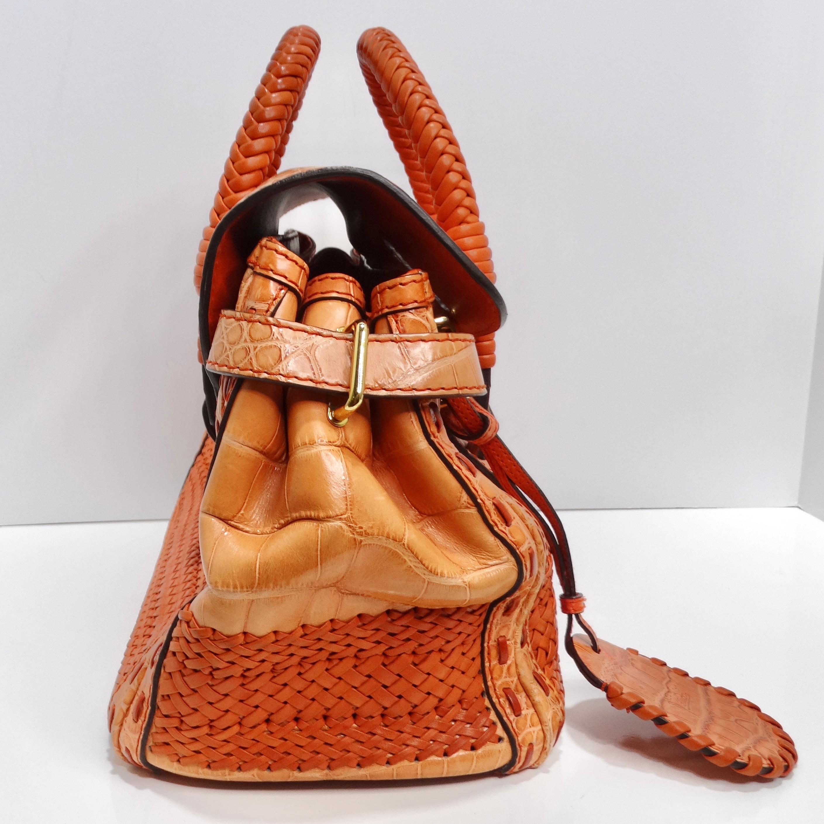Women's or Men's Gucci Rare Orange Crocodile Leather Woven Top Handle Bag For Sale