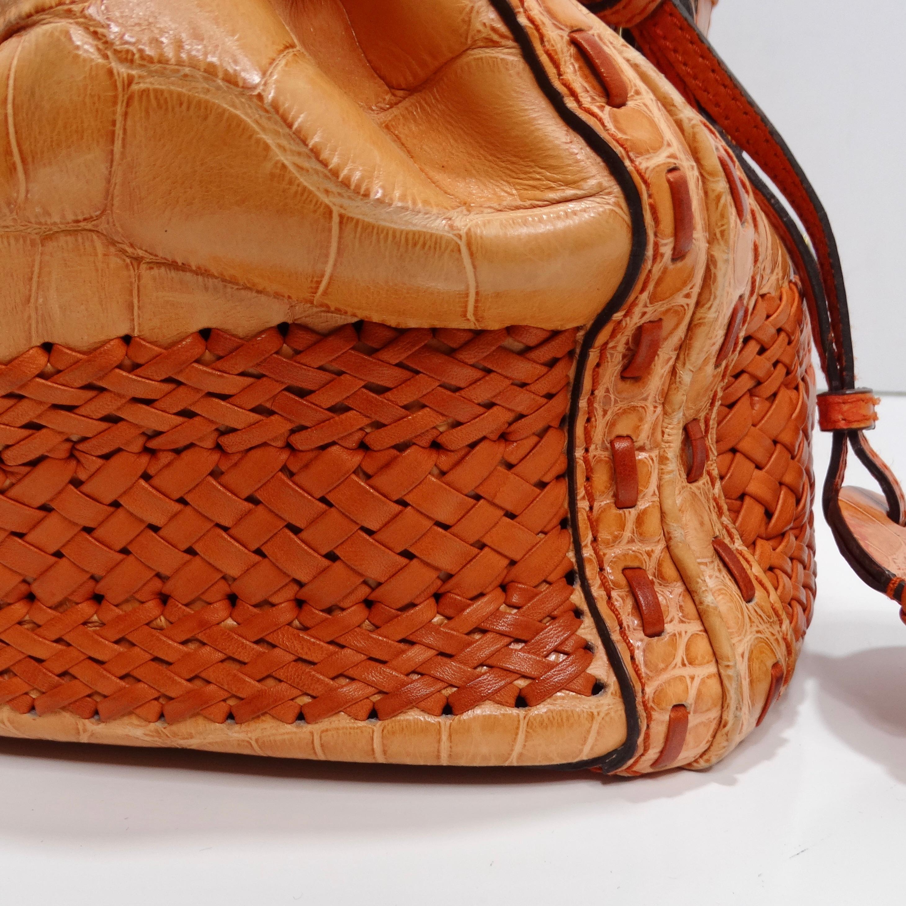 Gucci Rare Orange Crocodile Leather Woven Top Handle Bag For Sale 1