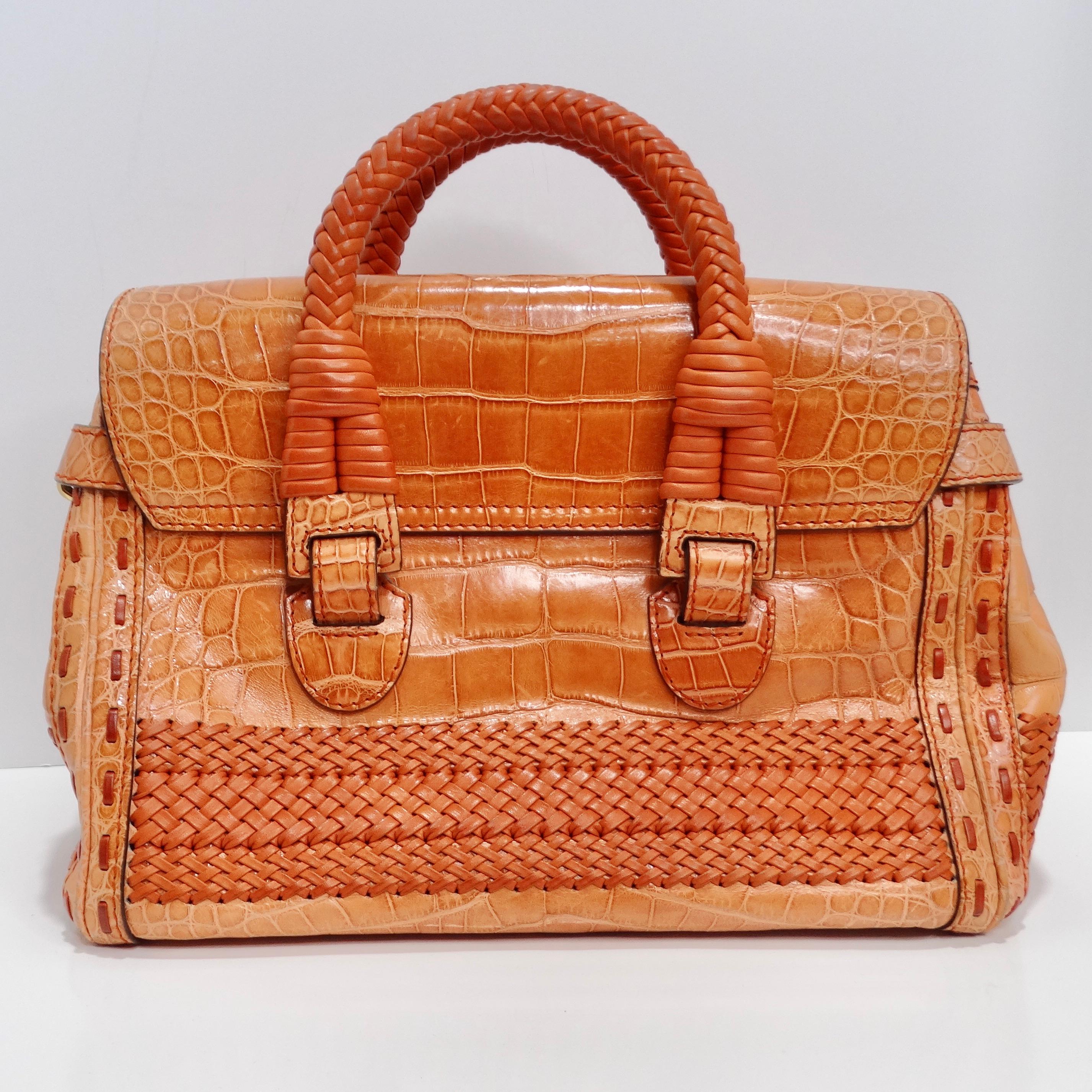 Gucci Rare Orange Crocodile Leather Woven Top Handle Bag For Sale 2