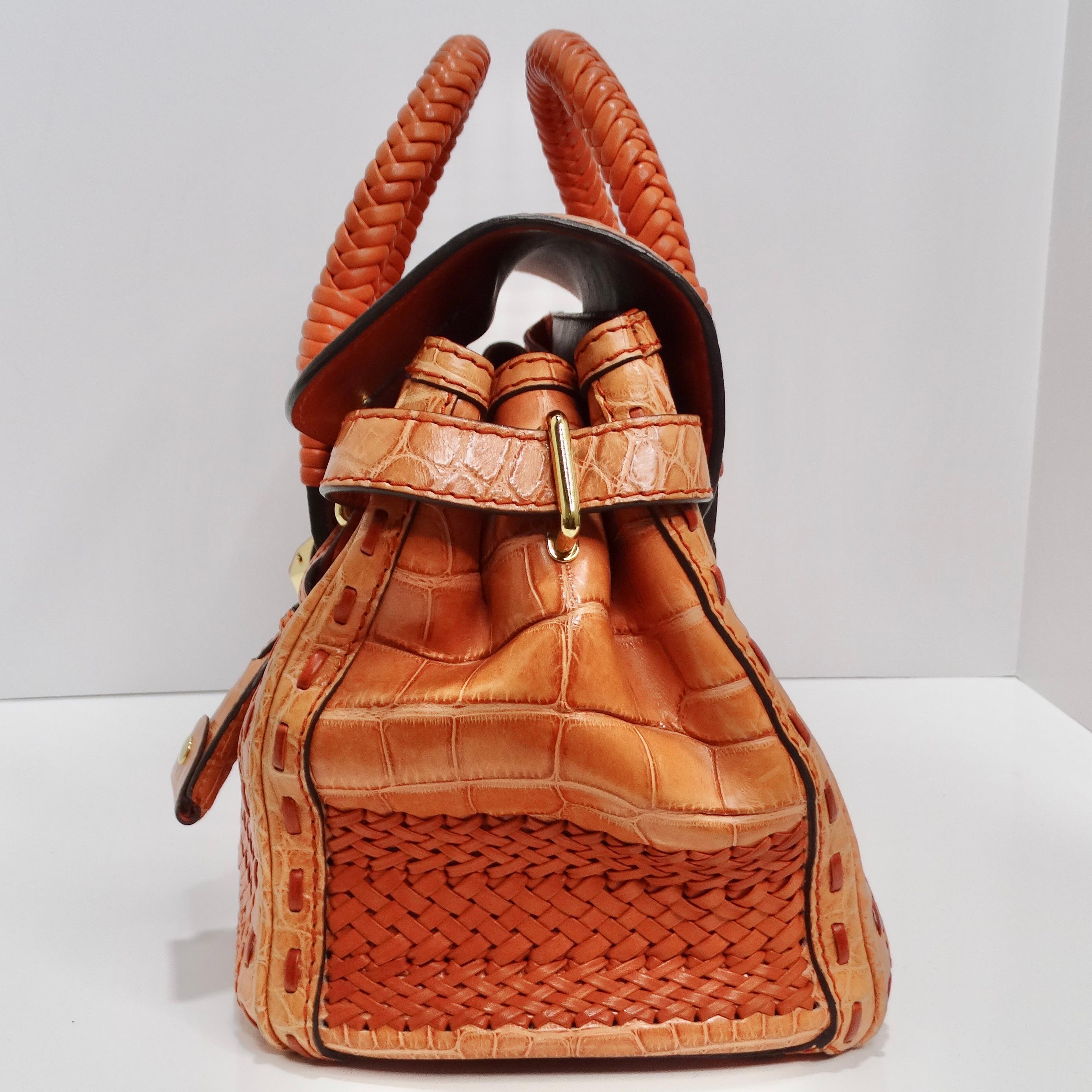Gucci Rare Orange Crocodile Leather Woven Top Handle Bag For Sale 3