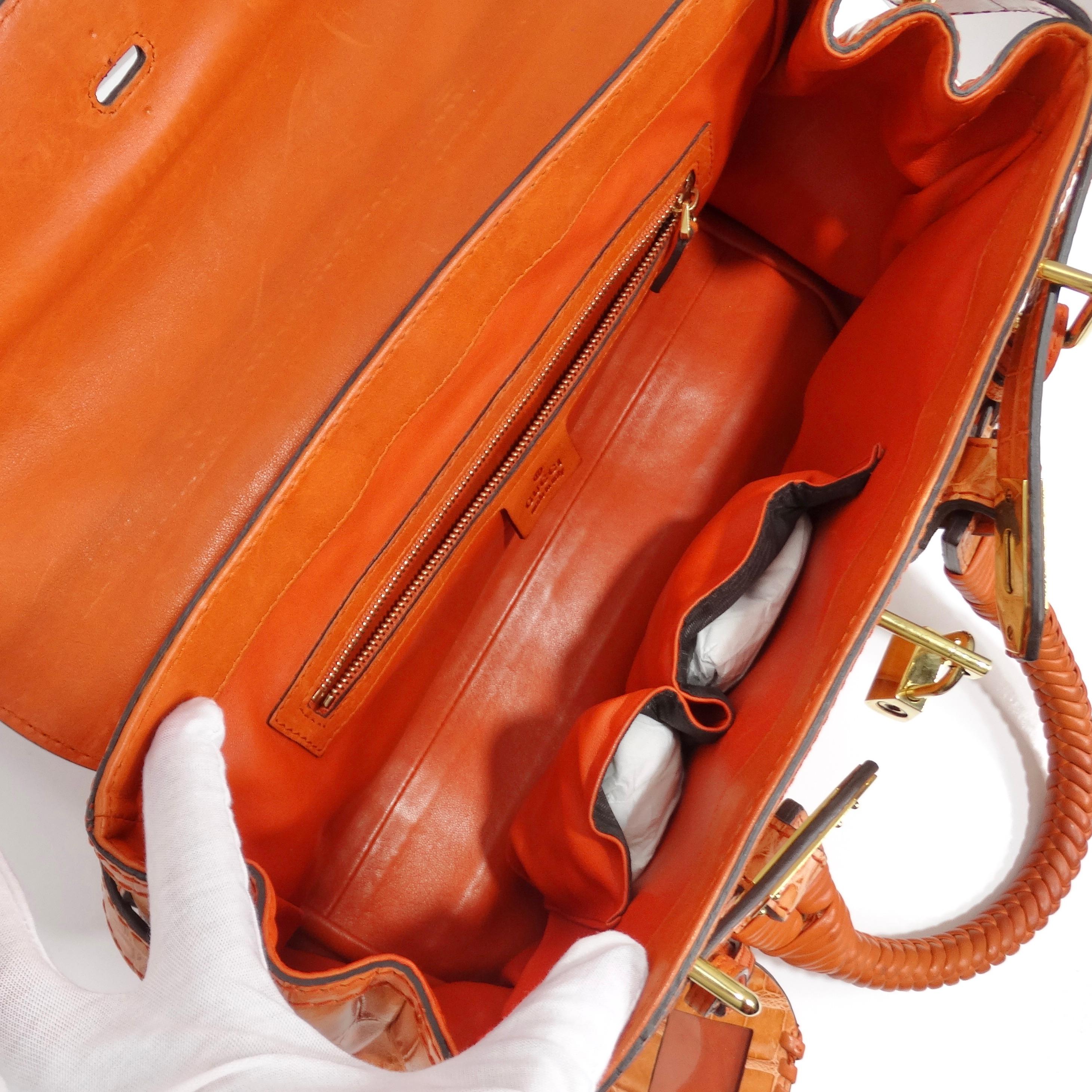 Gucci Rare Orange Crocodile Leather Woven Top Handle Bag For Sale 5