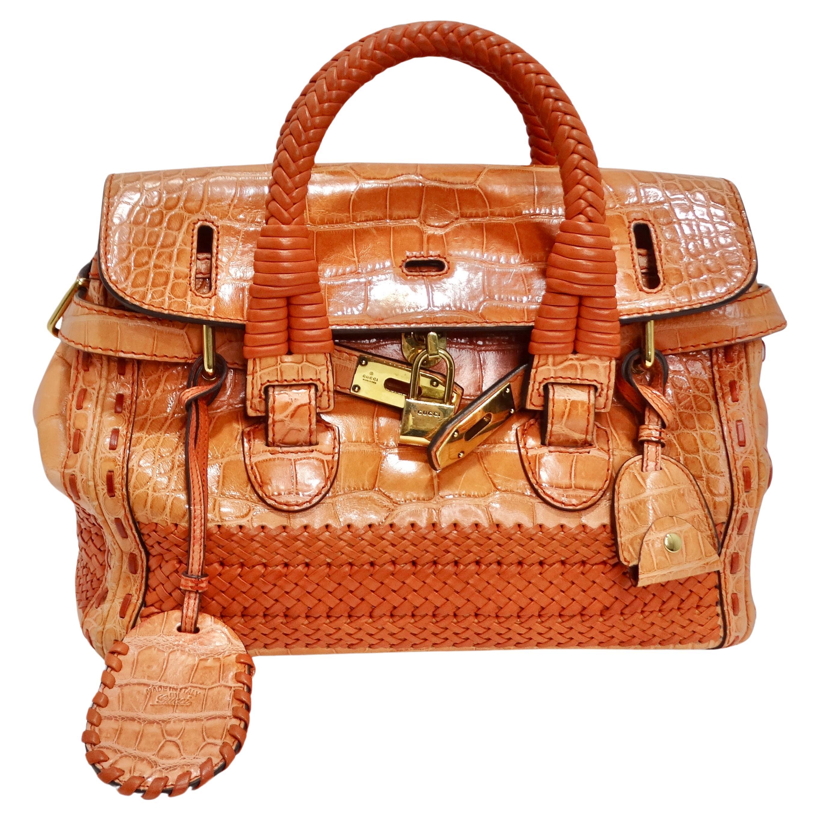 Gucci Rare Orange Crocodile Leather Woven Top Handle Bag For Sale