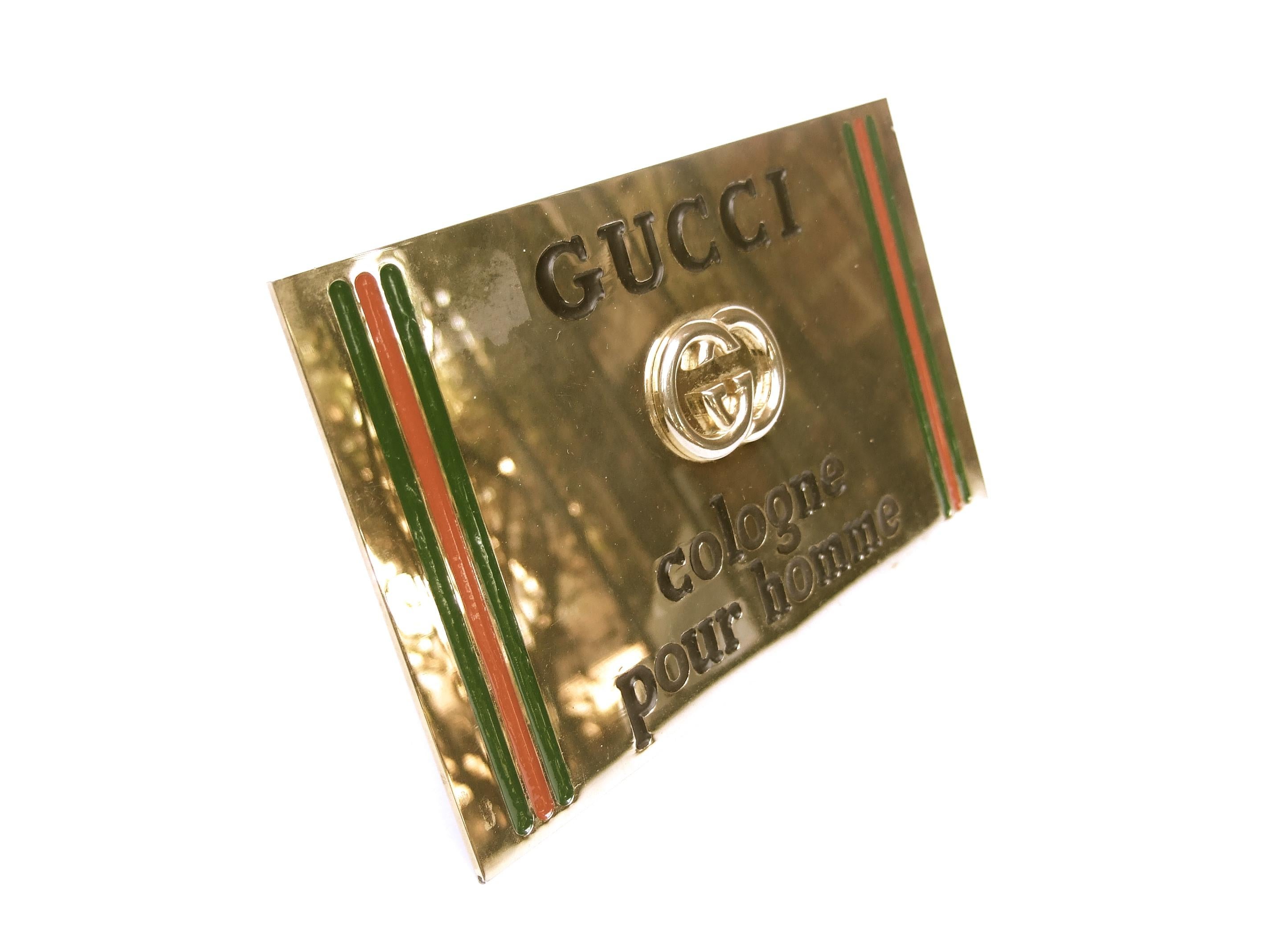 Brown GUCCI Rare Sleek Brass Metal Display Sign c 1970s