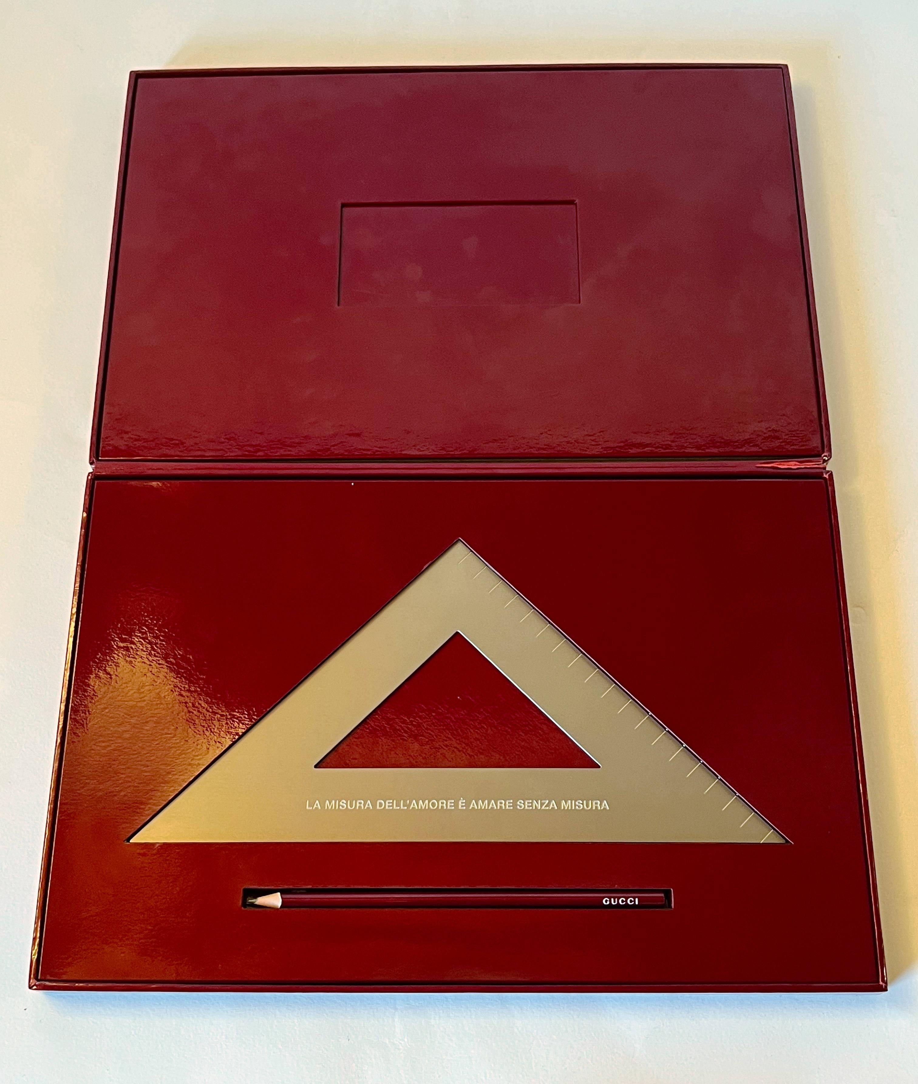 Rare Gucci stationery set with a triangular ruler and pencil in original burgundy case / Made in Italy
Length: 14 inches, depth: 9.25, height: 1.5 inches
1 available in stock in Italy
Order reference #: FABIOLTD G048