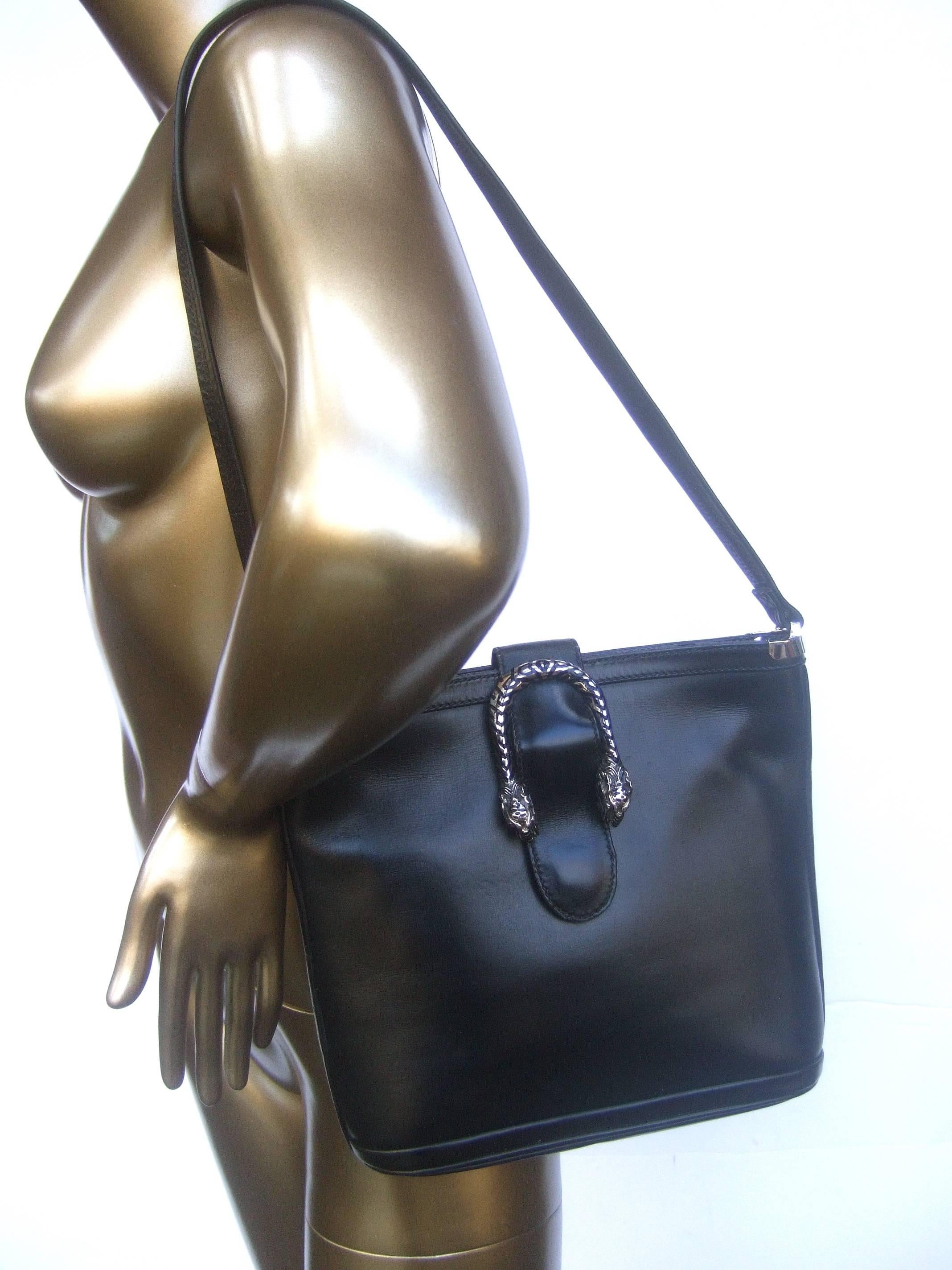 Gucci Rare Sterling Silver Tiger Clasp Ebony Leather Handbag circa 1970s 1