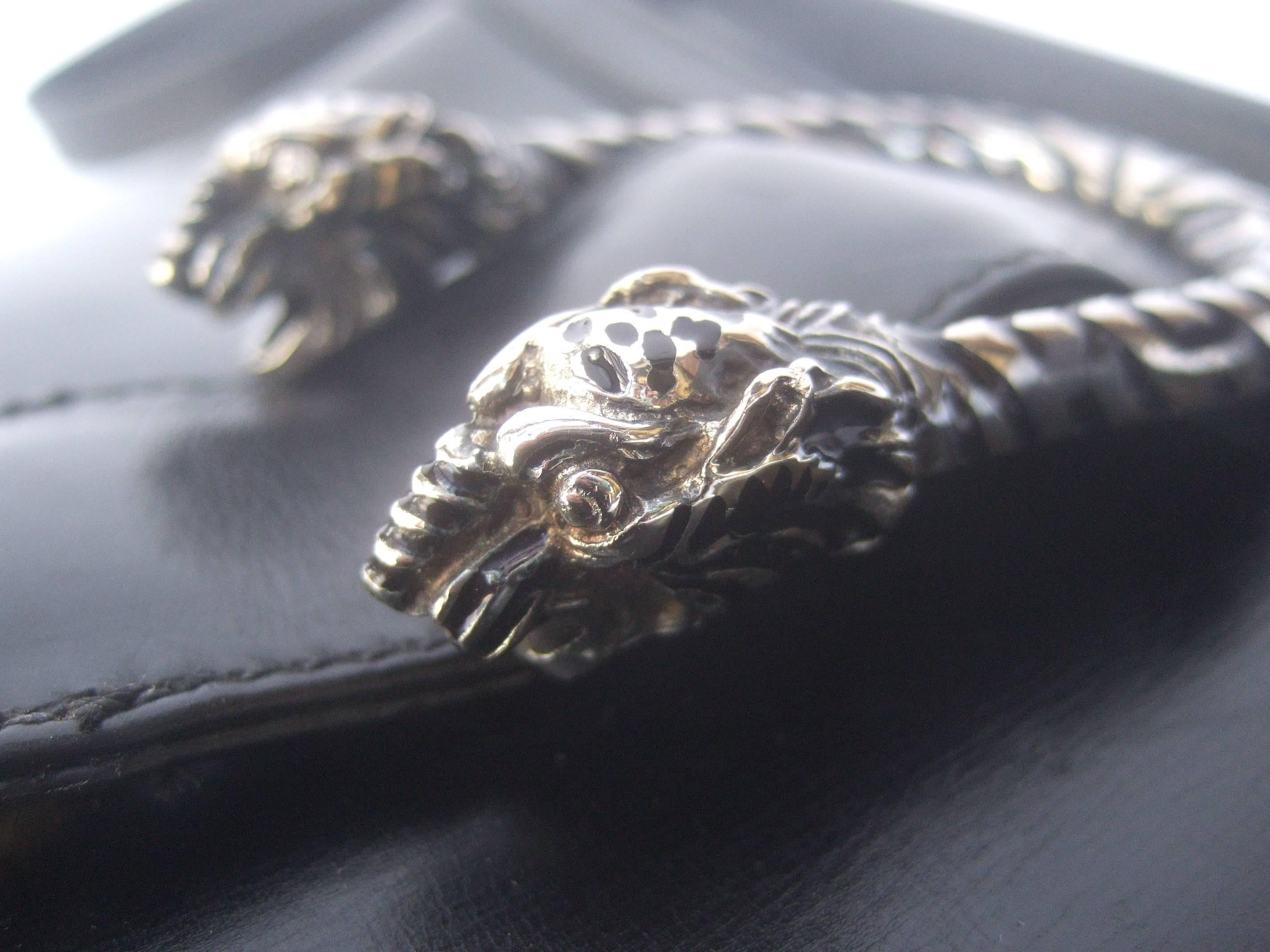 Gucci Rare Sterling Silver Tiger Clasp Ebony Leather Handbag circa 1970s 2