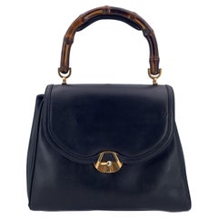 Gucci Rare Vintage Cuir Noir Bambou Top Handle Bag Handbag