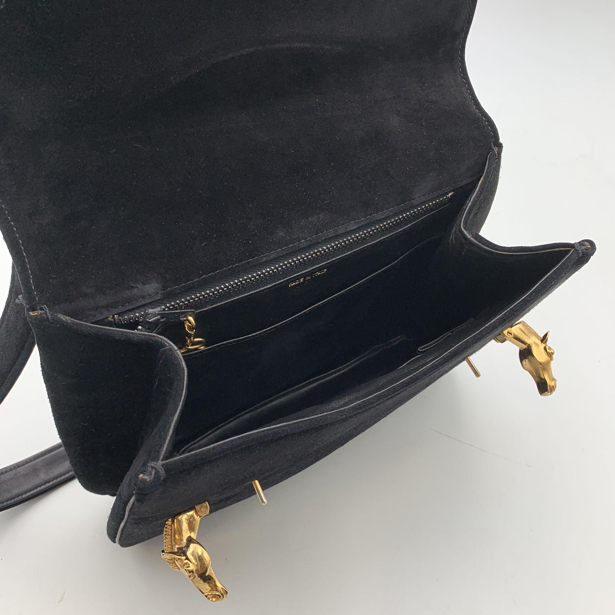 Women's Gucci Rare Vintage Black Suede Horse Head Flap Shoulder Bag
