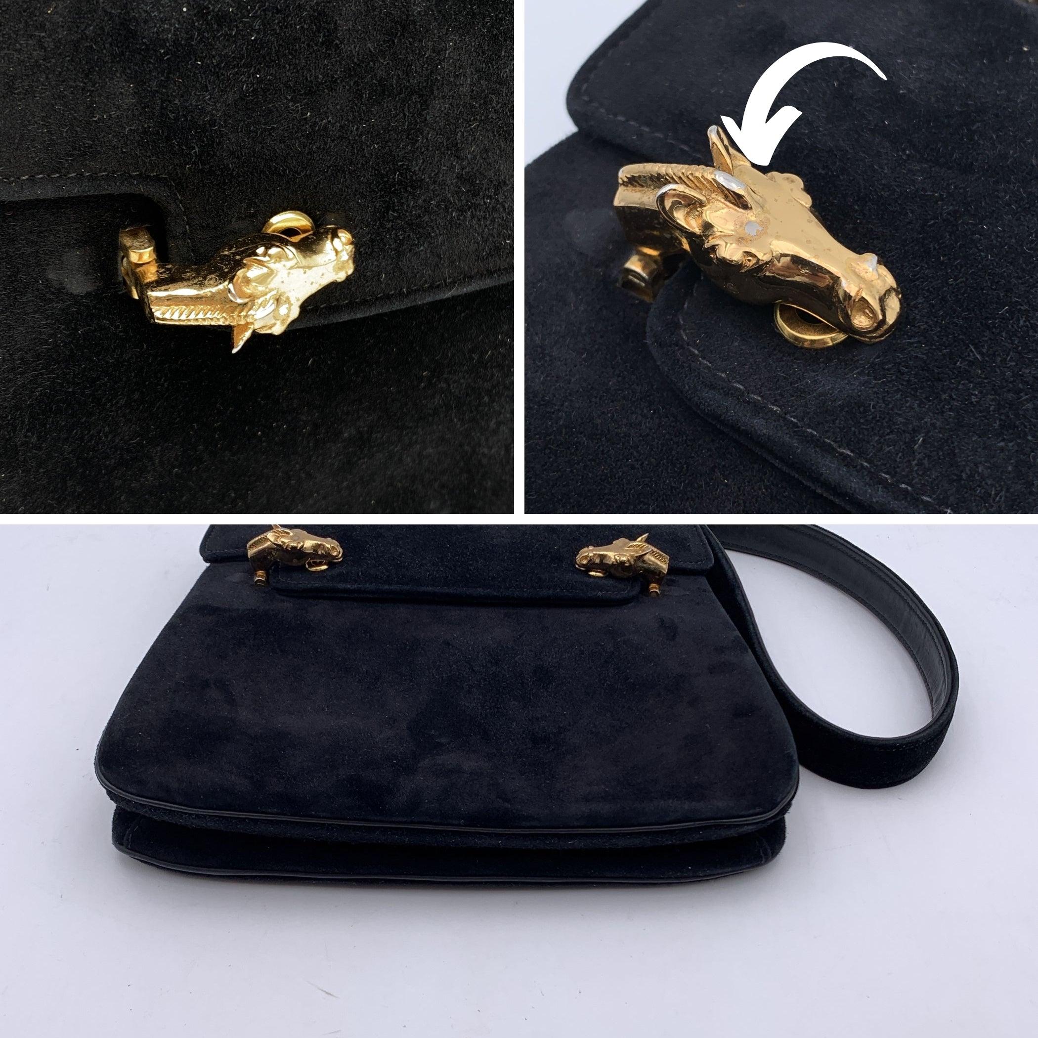 Gucci Rare Vintage Black Suede Horse Head Flap Shoulder Bag 2