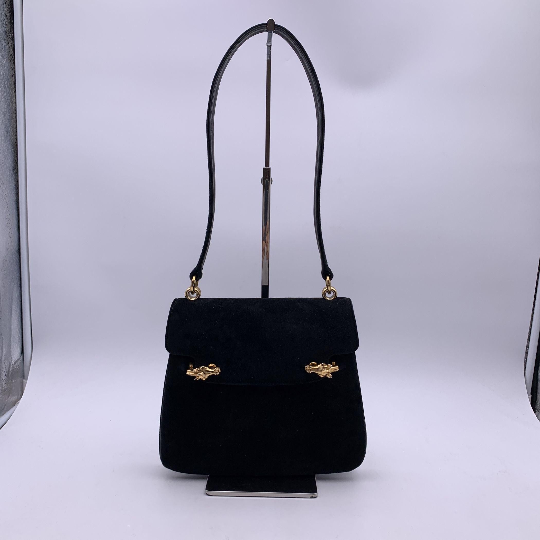 Gucci Rare Vintage Black Suede Horse Head Flap Shoulder Bag 3