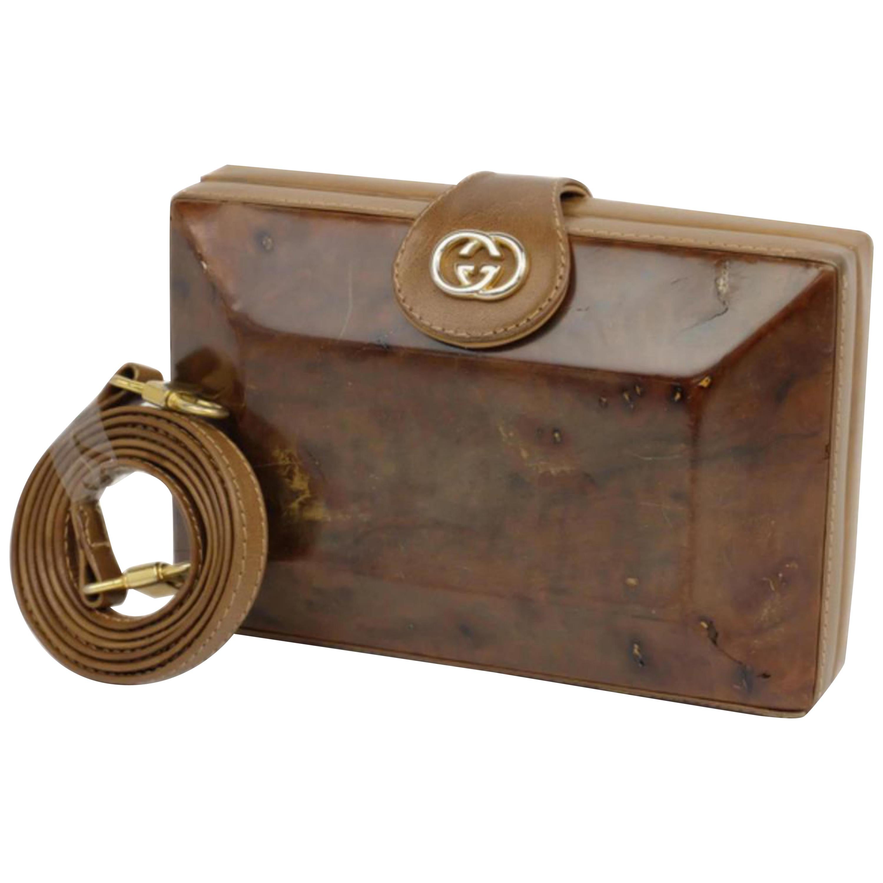 Gucci (Rare) Wooden Minaudiere 2way 230186 Brown Wood Cross Body Bag For Sale