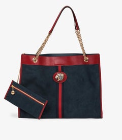 Gucci Red Aged Calfskin Leather & Blue Suede Web Large Rajah Tote