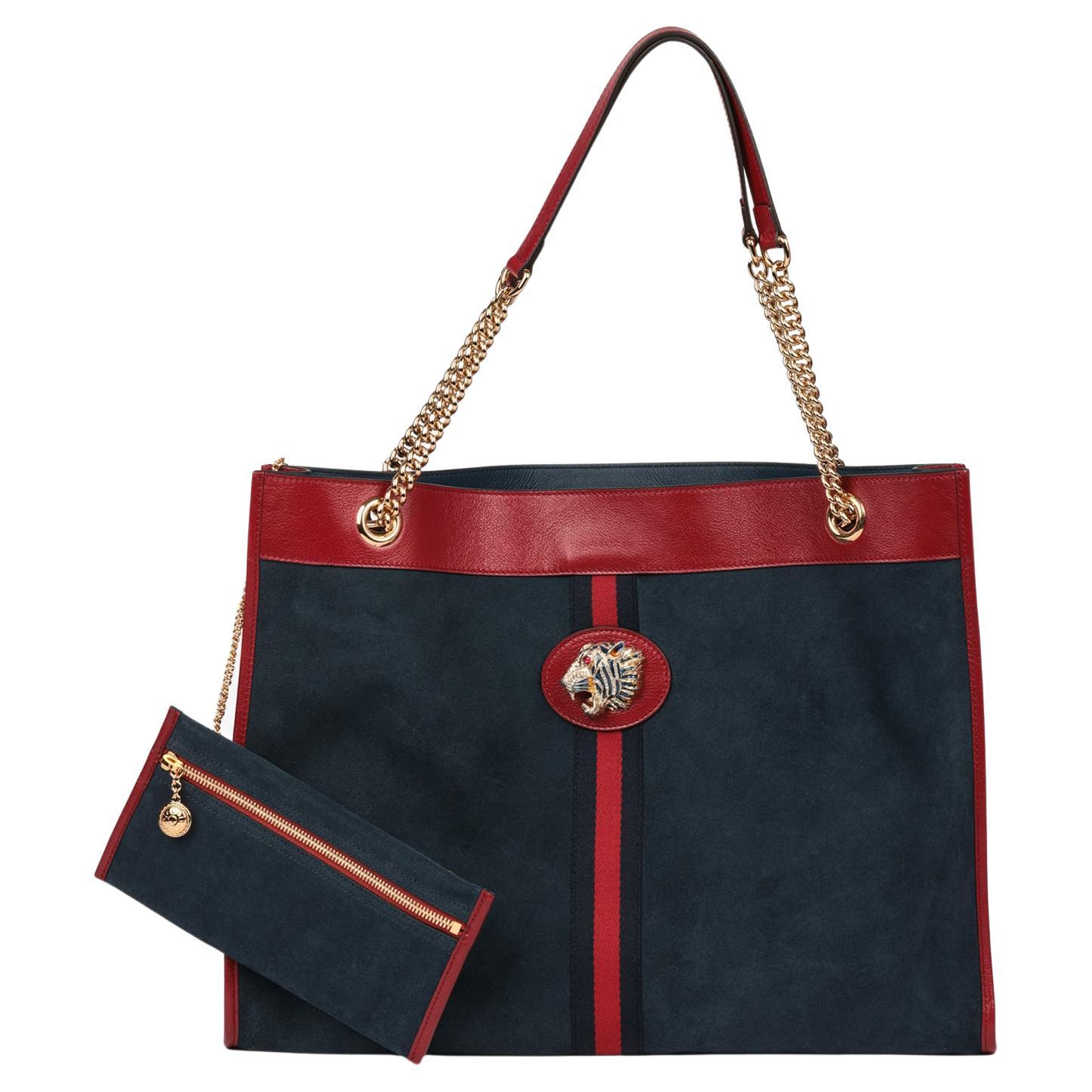 Gucci Red Aged Calfskin Leather & Blue Suede Web Large Rajah Tote