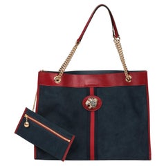 Gucci Tote Rajah grande in pelle di vitello invecchiata rossa e web in pelle scamosciata blu
