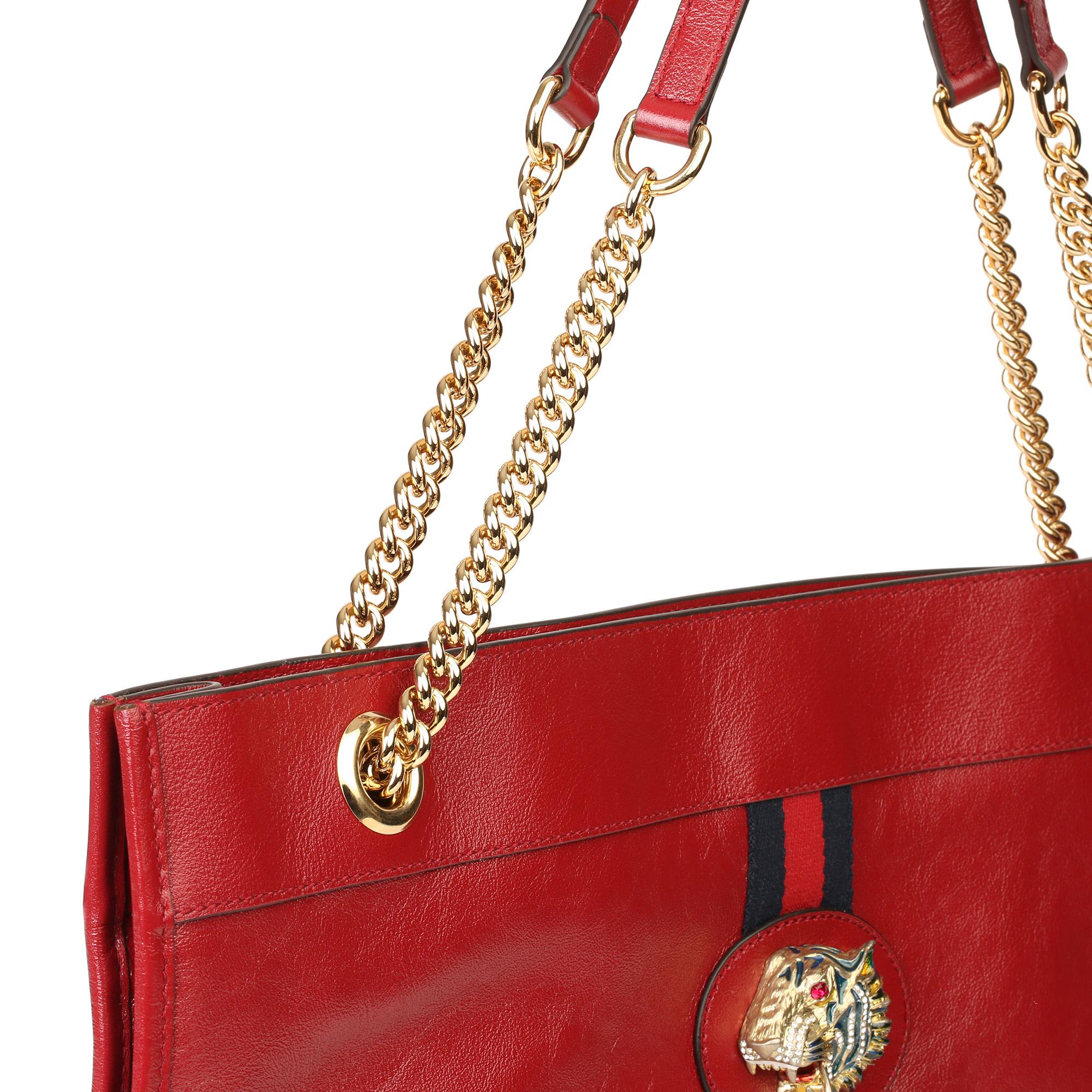 Women's Gucci Red Aged Calfskin Leather Web Large Rajah Tote