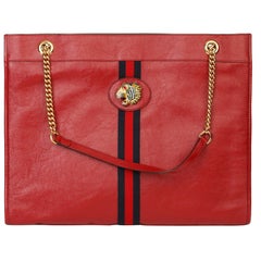 Gucci Red Aged Calfskin Leather Web Large Rajah Tote