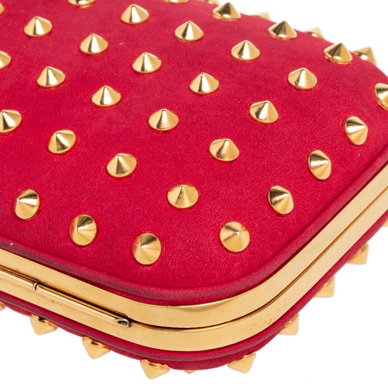 Gucci Red Alcantara Studded Broadway Chain Clutch For Sale at 1stDibs