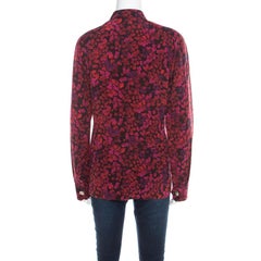 Gucci Red and Purple Floral Printed Silk Neck Bow Detail Long Sleeve Blouse M