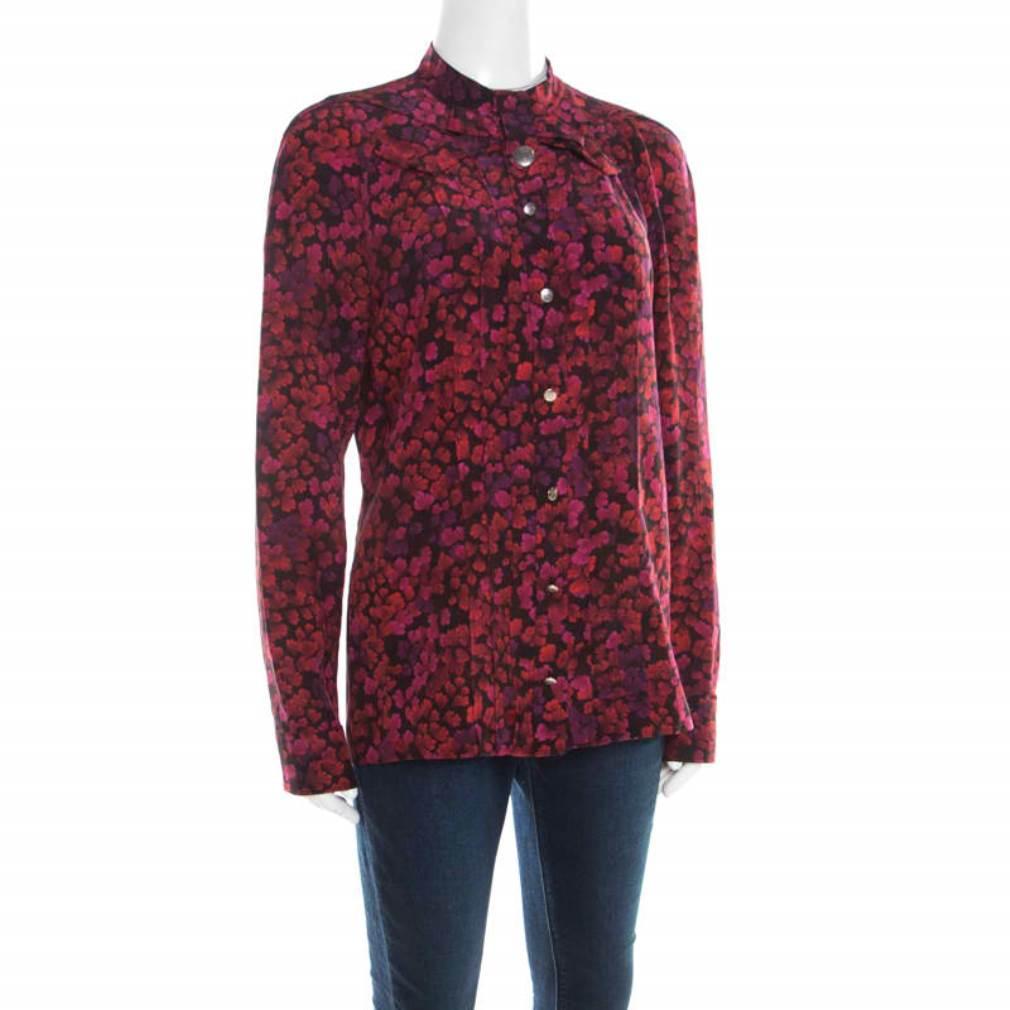 Black Gucci Red and Purple Floral Printed Silk Neck Bow Detail Long Sleeve Blouse M