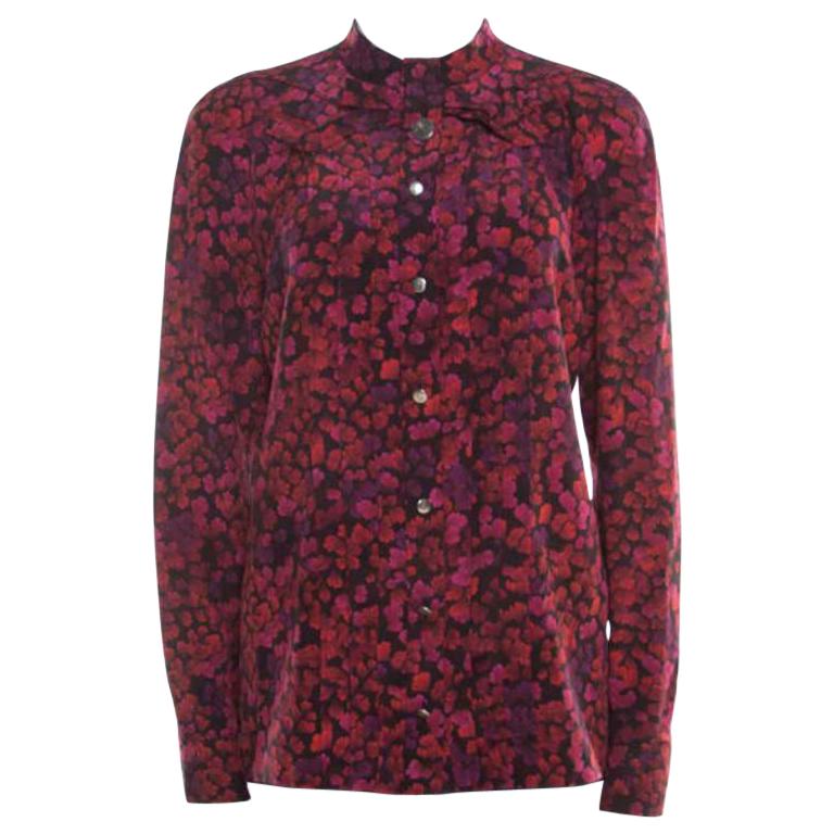 Gucci Red and Purple Floral Printed Silk Neck Bow Detail Long Sleeve Blouse M