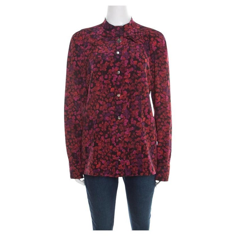 Gucci Rote und lila Bluse mit langen Ärmeln und floralem  Seidenhalsausschnitt mit Schleifendetail M im Angebot bei 1stDibs