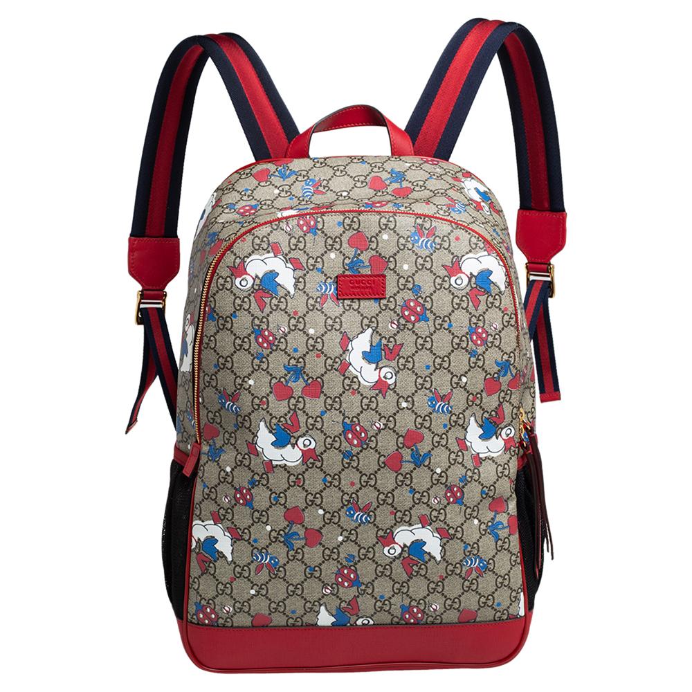 Gucci Red/Beige Canvas and Leather Duck Motif Diaper Backpack at